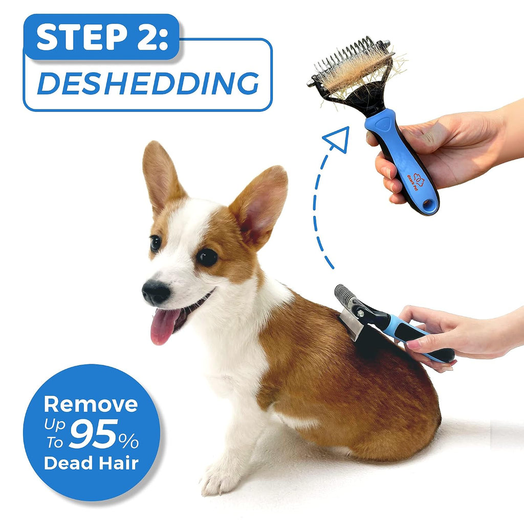 Deshedding Brush & Undercoat Rake – Double-Sided 22 & 87 Teeth Dematting Comb for Dog & Cat, Stainless Steel Grooming Tool for Loose Fur, Short to Long Hair, Reduces Shedding 95, Blue Large