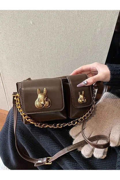 Women Camel Baguette Bag with Squirrel Accessory Design Stylish Shoulder Handbag