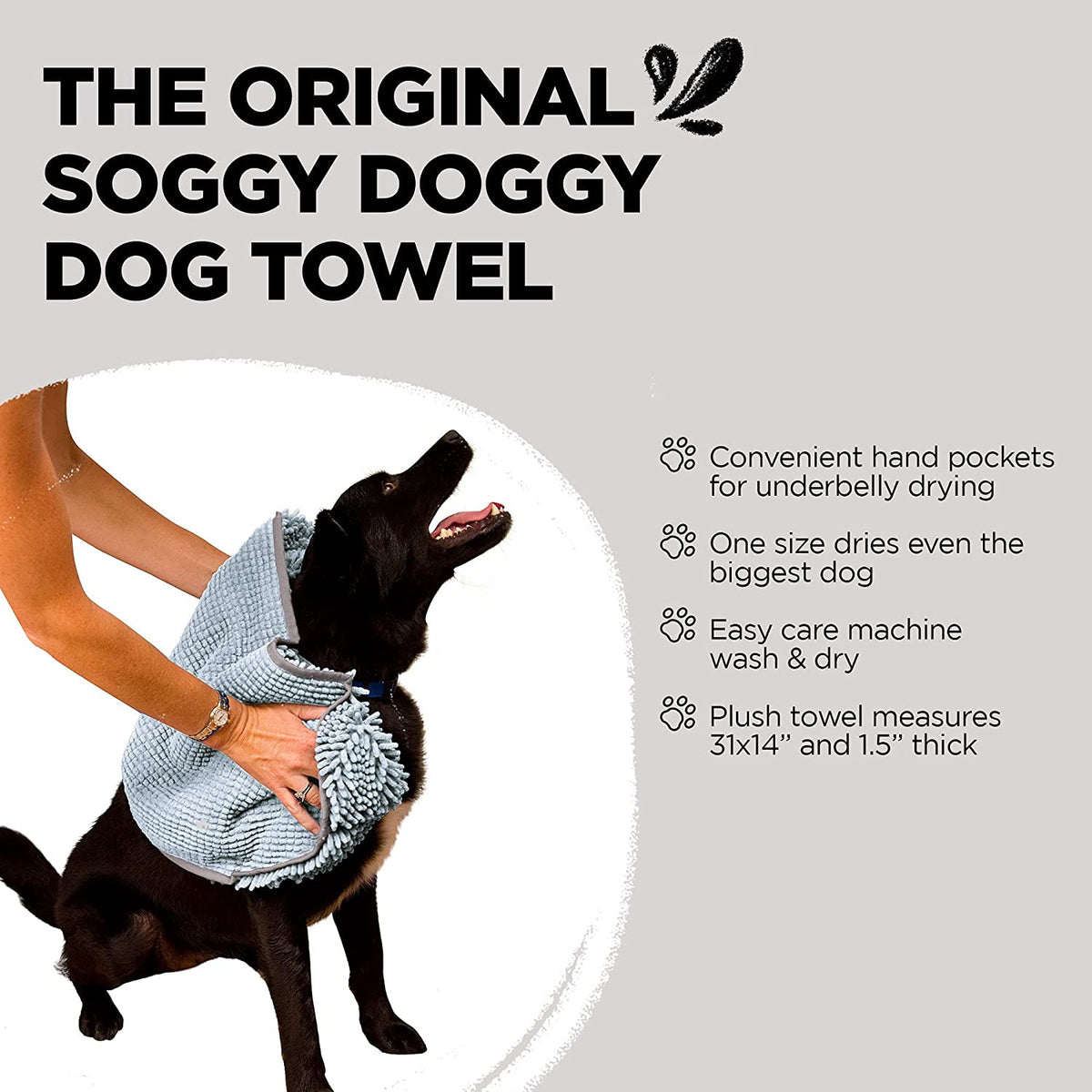 Soggy Doggy Super Shammy Absorbent Dog Towel, Gray, 31X14