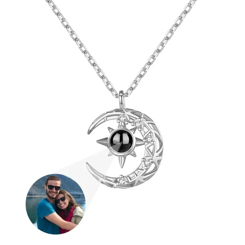 Projection Necklace Crescent Moon Pendant with Photo