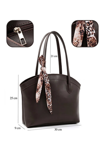 Faux Leather Zippered Shoulder Bag Single Compartment Handbag with Scarf Gift Womens Hand Shoulder Crossbody Bag Brown