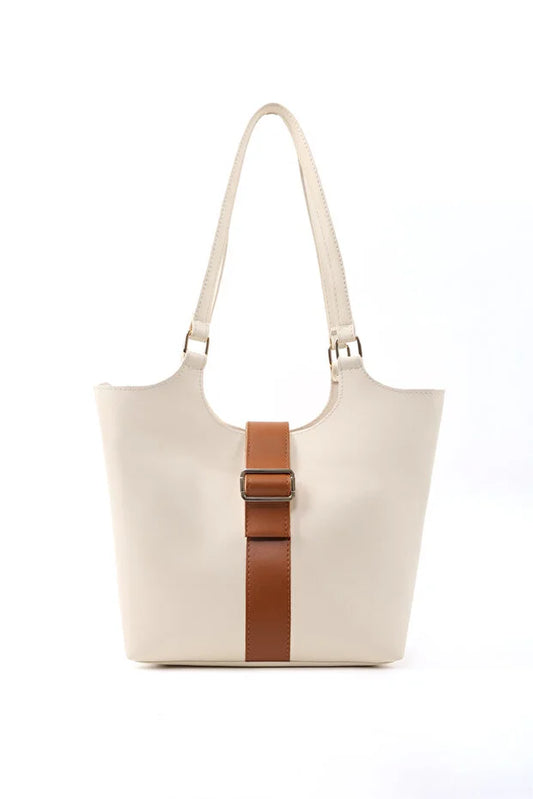 Brown Faux Leather Snap Closure Crossbody Hand Bag Single Compartment Shoulder, Arm and Handbag White