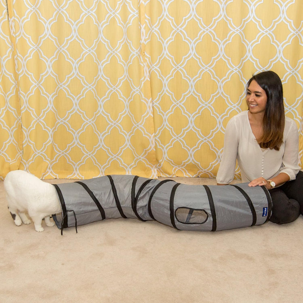 S Way Collapsible Cat Tunnel with Interactive Ball - Grey Pet Hideaway Play Tube