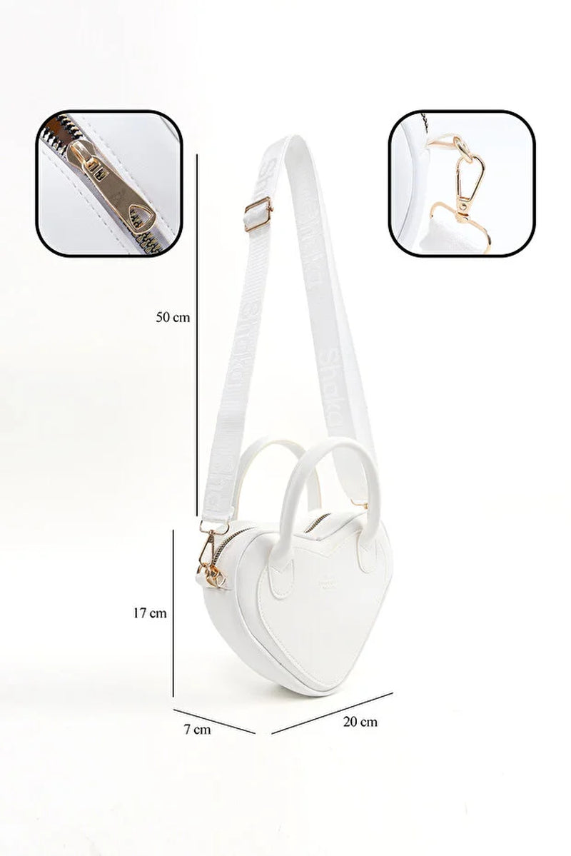 White Heart Shaped Faux Leather Zipper Bag Single Compartment Hand Arm and Shoulder Bag