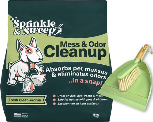 : Pet Mess & Odor Cleanup Duo - 15Oz Bag & Dustpan Broom - Dog Accident Clumping Powder, Remove Urine-Poop-Vomit from Hard Services