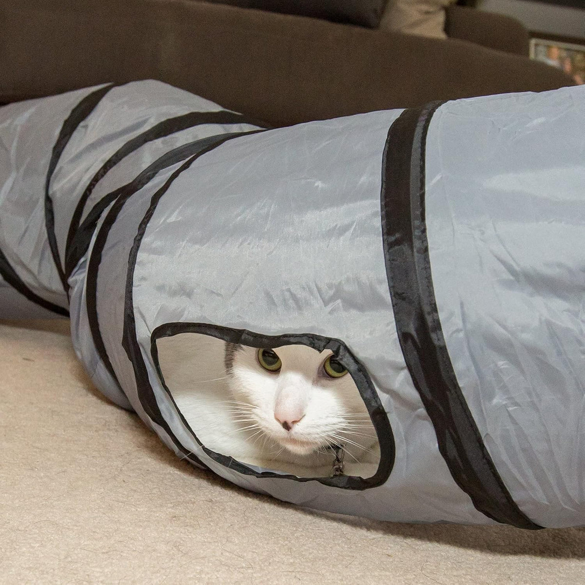 S Way Collapsible Cat Tunnel with Interactive Ball - Grey Pet Hideaway Play Tube