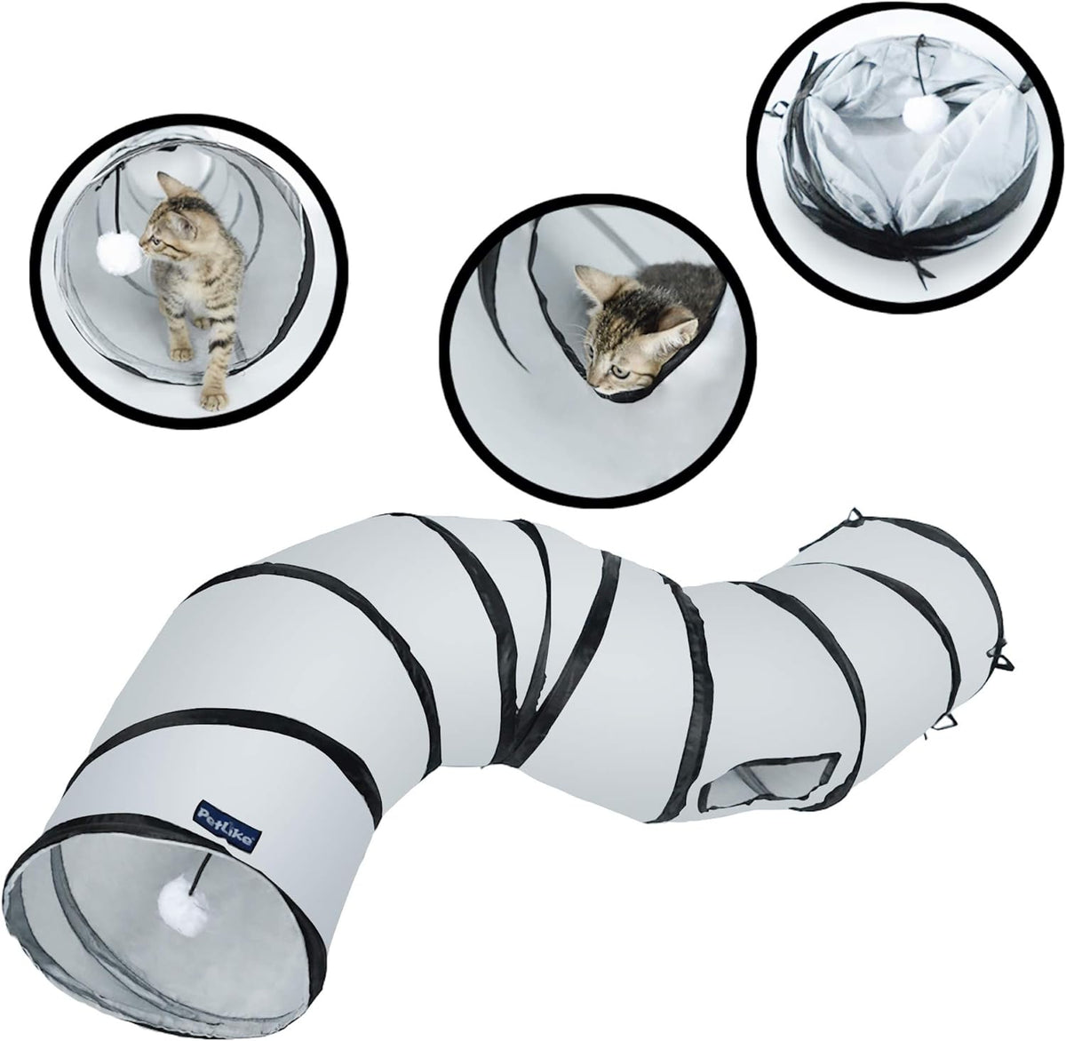 S Way Collapsible Cat Tunnel with Interactive Ball - Grey Pet Hideaway Play Tube