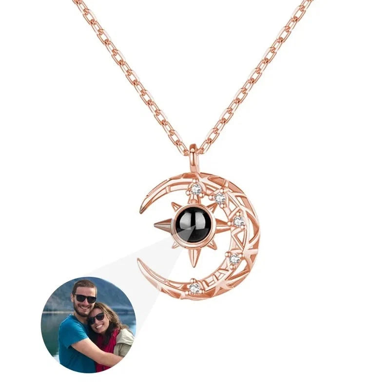 Projection Necklace Crescent Moon Pendant with Photo