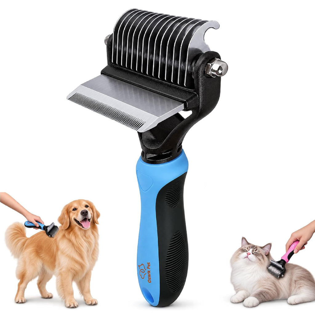 Deshedding Brush & Undercoat Rake – Double-Sided 22 & 87 Teeth Dematting Comb for Dog & Cat, Stainless Steel Grooming Tool for Loose Fur, Short to Long Hair, Reduces Shedding 95, Blue Large