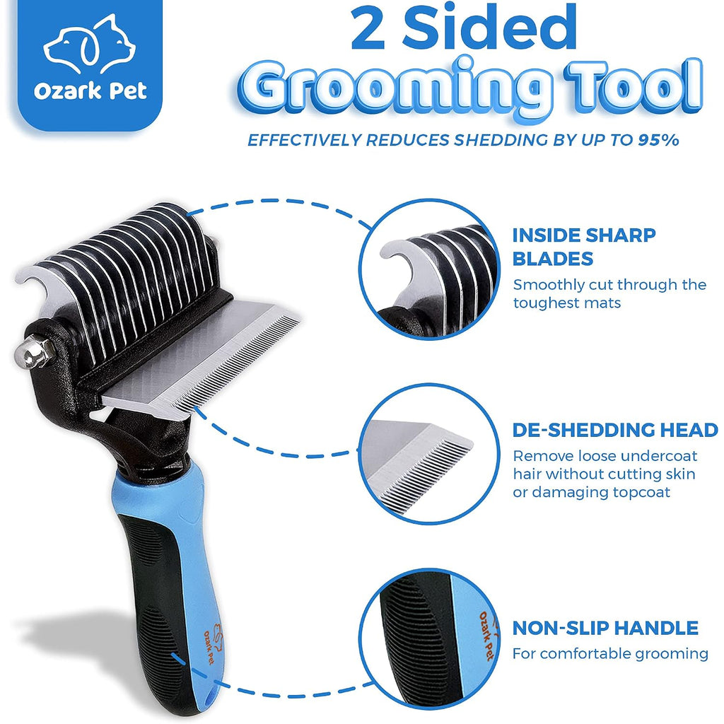 Deshedding Brush & Undercoat Rake – Double-Sided 22 & 87 Teeth Dematting Comb for Dog & Cat, Stainless Steel Grooming Tool for Loose Fur, Short to Long Hair, Reduces Shedding 95, Blue Large