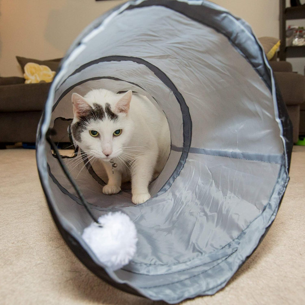 S Way Collapsible Cat Tunnel with Interactive Ball - Grey Pet Hideaway Play Tube