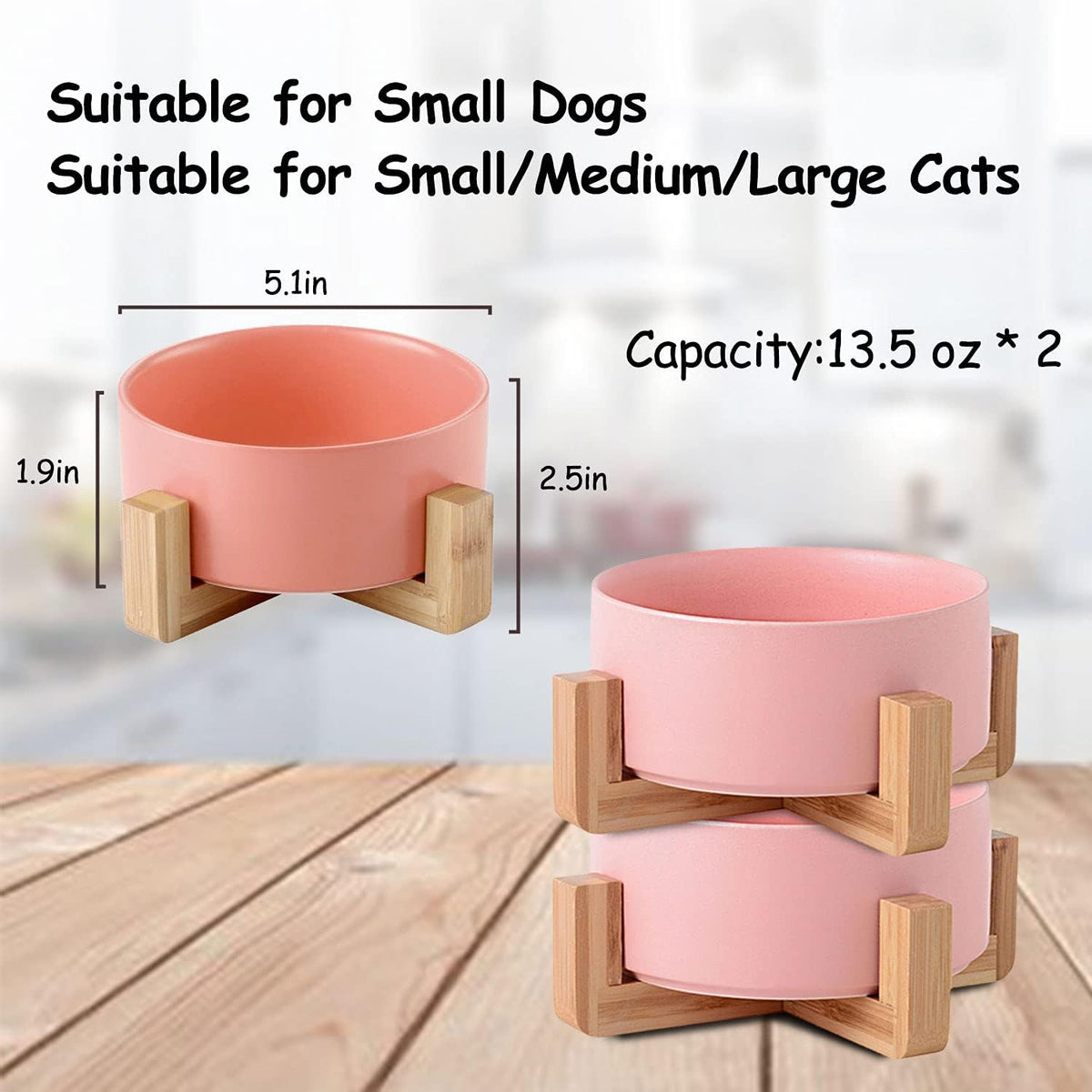 Dog Cat Bowl Ceramic Pink Pet Dish with Stand for Food and Water, Modern Cute Matte Glaze Weighted Pet Bowls Set for Cats & Small Size Dogs 13.5 OZ (5.1In / 1.7 Cups) Pink