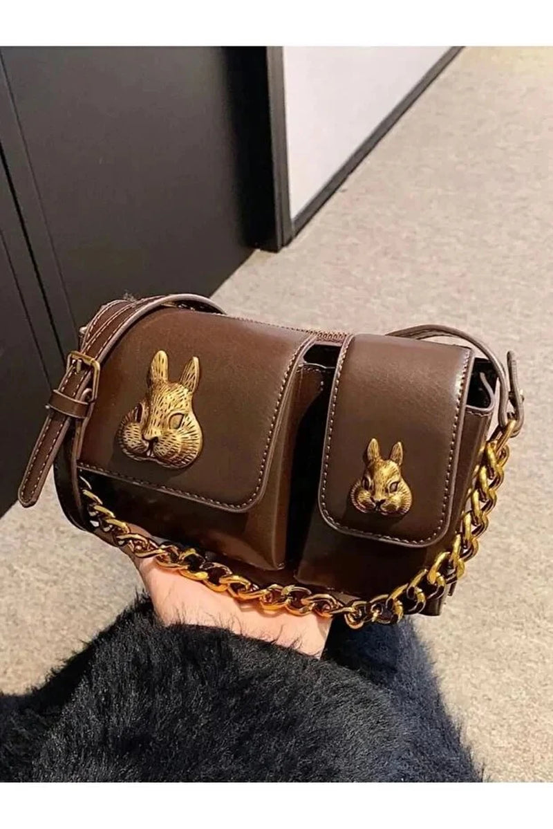 Women Camel Baguette Bag with Squirrel Accessory Design Stylish Shoulder Handbag